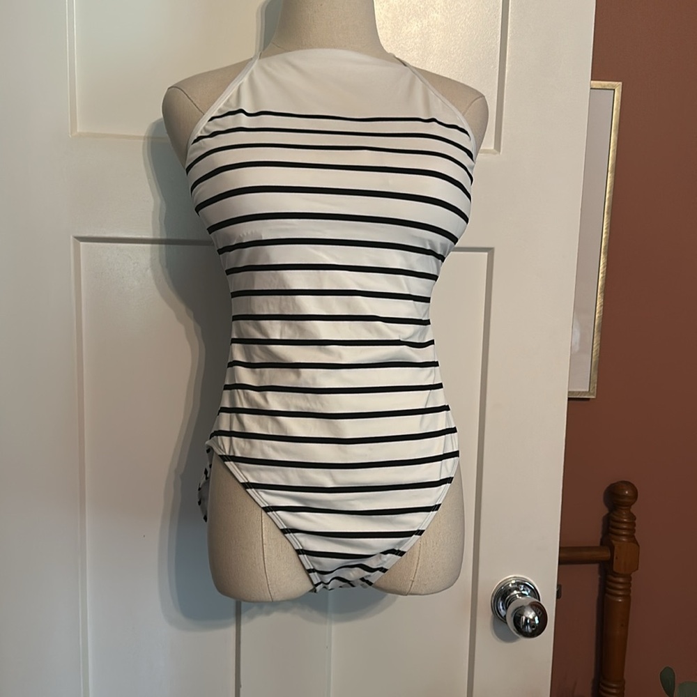 Lauren Ralph Lauren Breton Black and White Striped One-Piece 12 halter Swimsuit - Picture 4 of 15